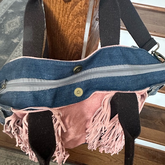 NWOT Upcycled Boho Denim and Suede Tote - Picture 11 of 12
